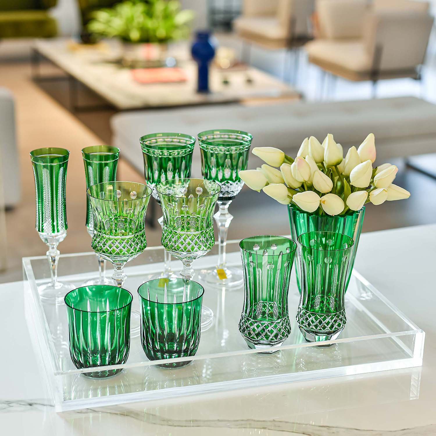 Bandeja de Acrílico com Taças e Copos de Cristais Verde Escuro - Murano Decorativo 094660