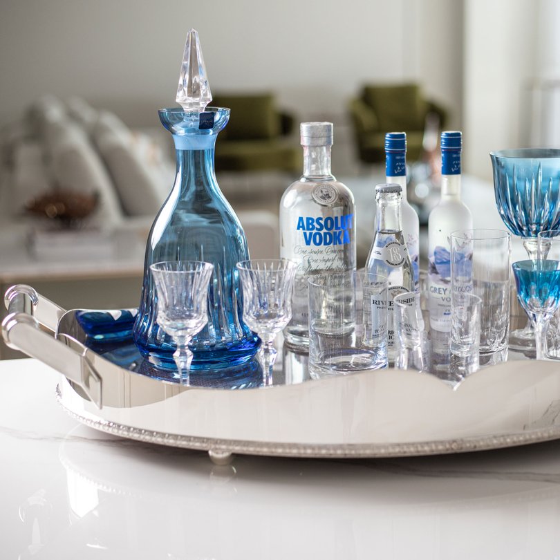 bandeja prata licoreira cristal azul tacas bebidas