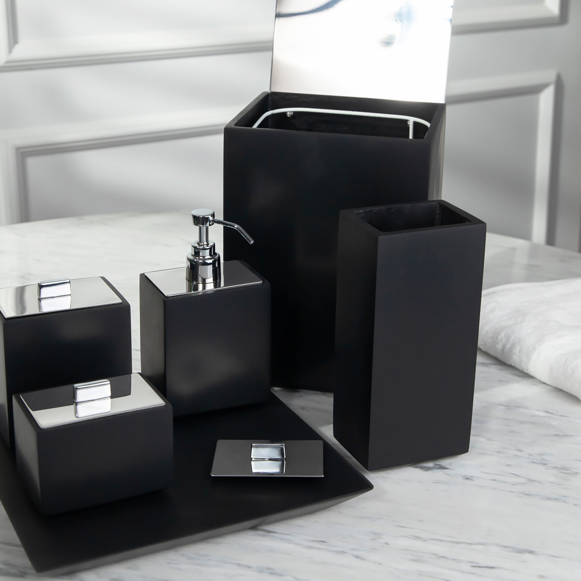 05 conjunto banheiro retangular 6 pcs resina preto fosco cromado