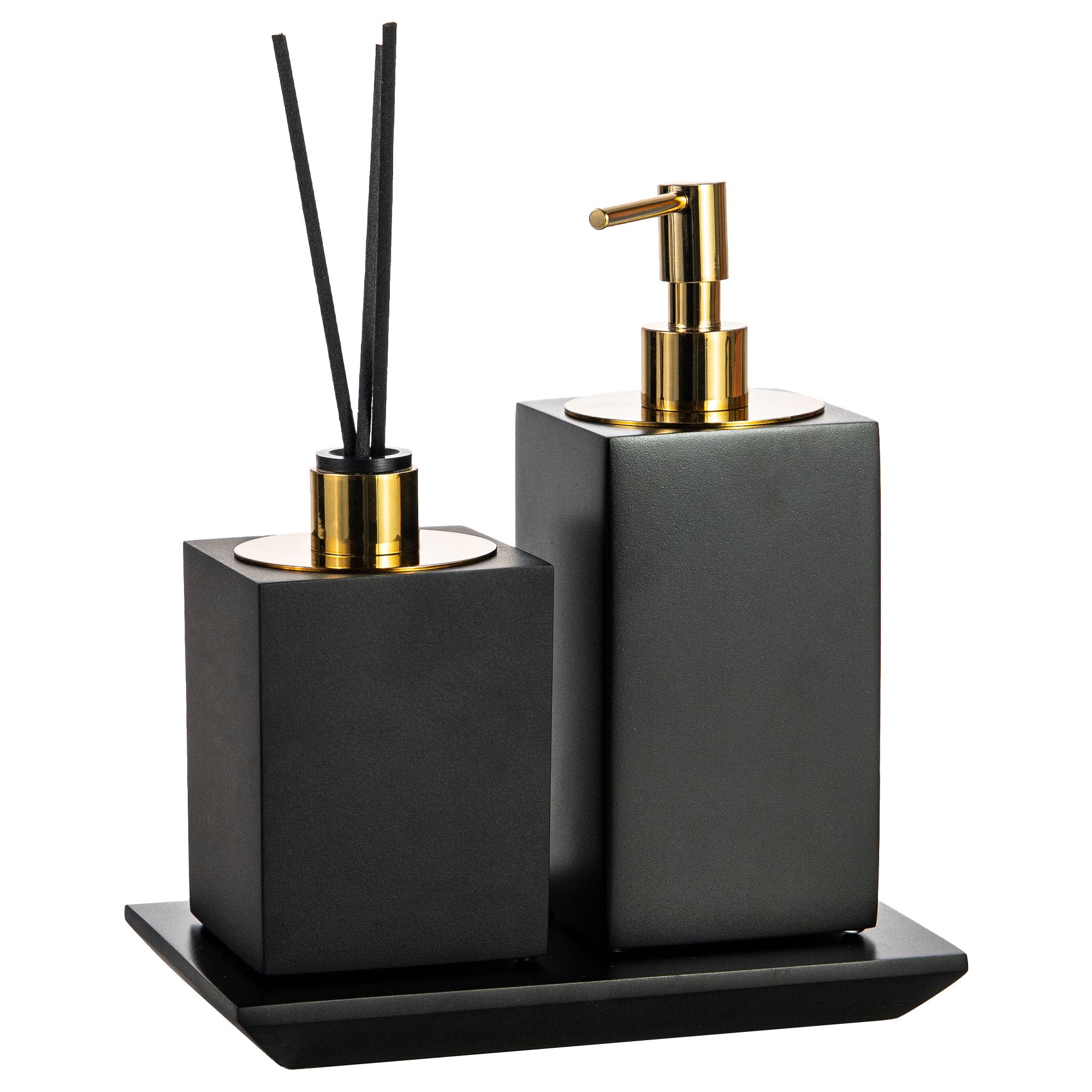 conjunto banheiro duo quadrado resina preto fosco gold still bandeja sottile casa