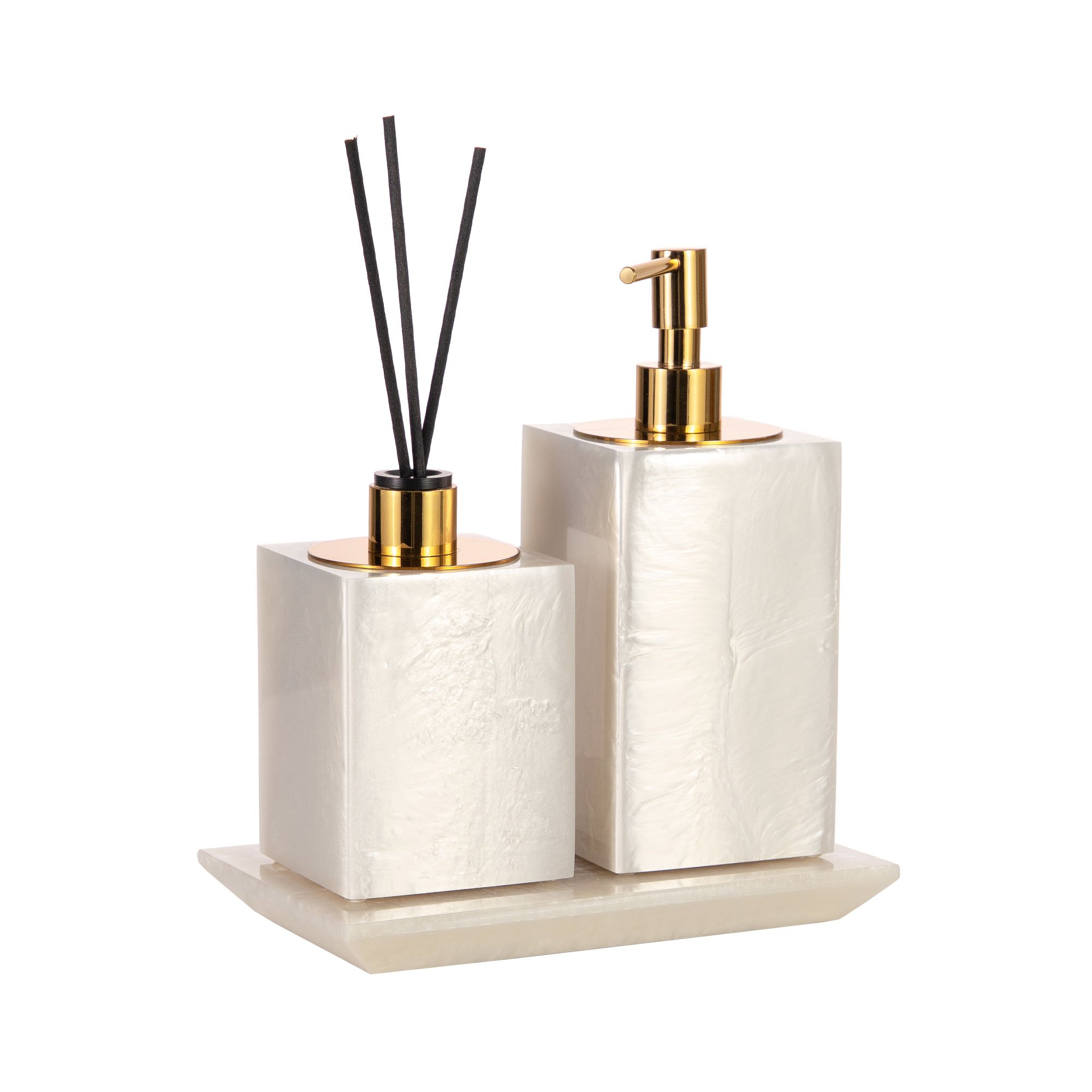 conjunto banheiro duo quadrado resina madreperola gold still bandeja sottile casa