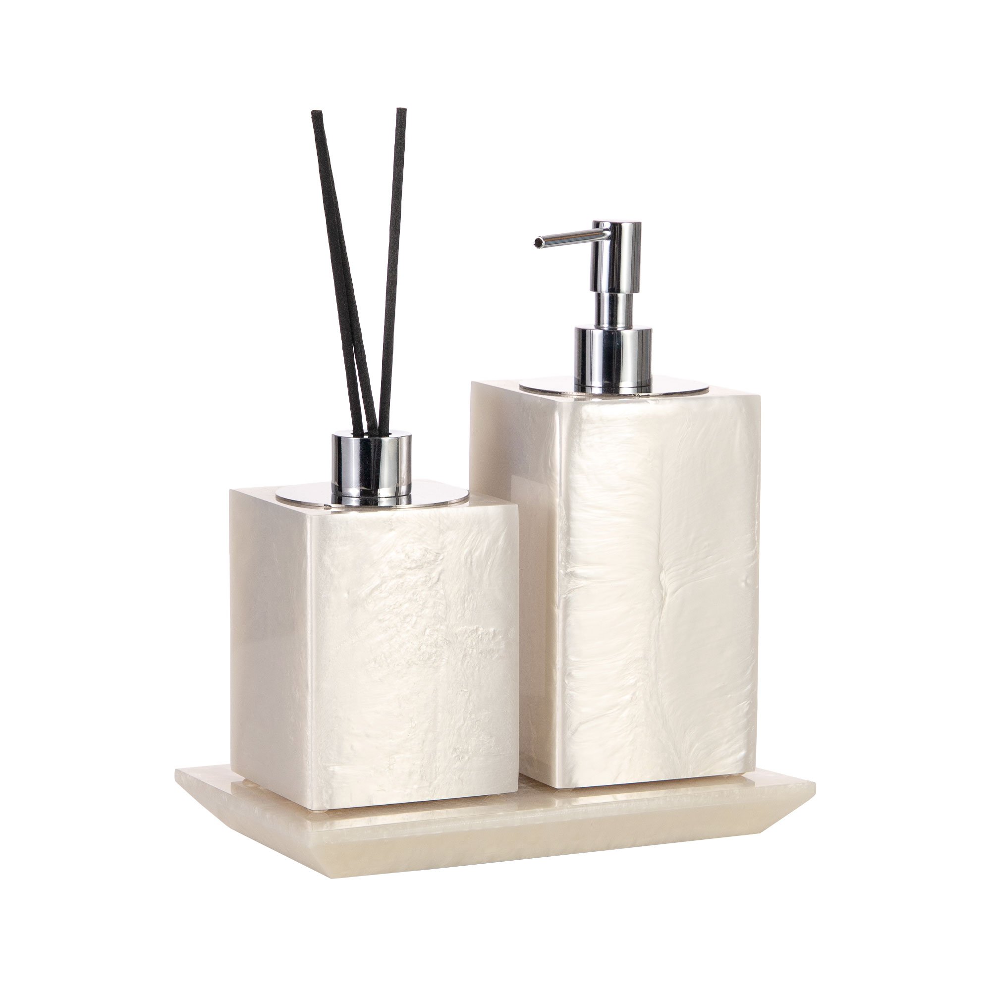 conjunto banheiro duo quadrado resina madreperola cromado still bandeja sottile casa