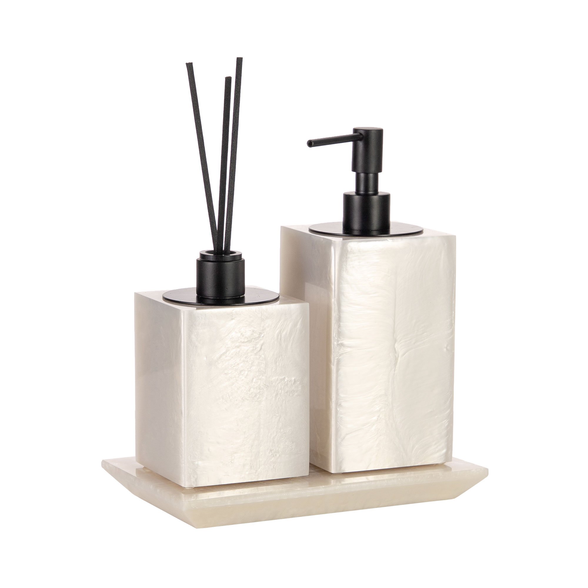 conjunto banheiro duo quadrado resina madreperola black matte still bandeja sottile casa