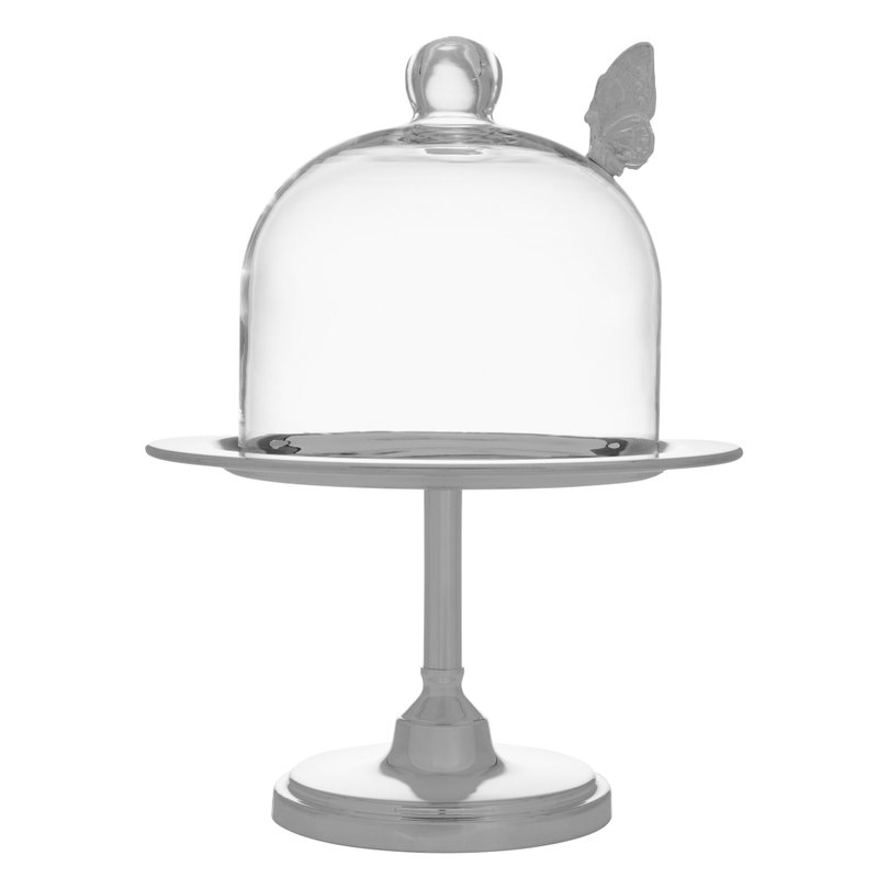 porta doces pedestal alto prata c cupula e aplique borboleta