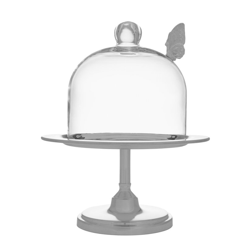 porta doces pedestal baixo prata c cupula e aplique borboleta