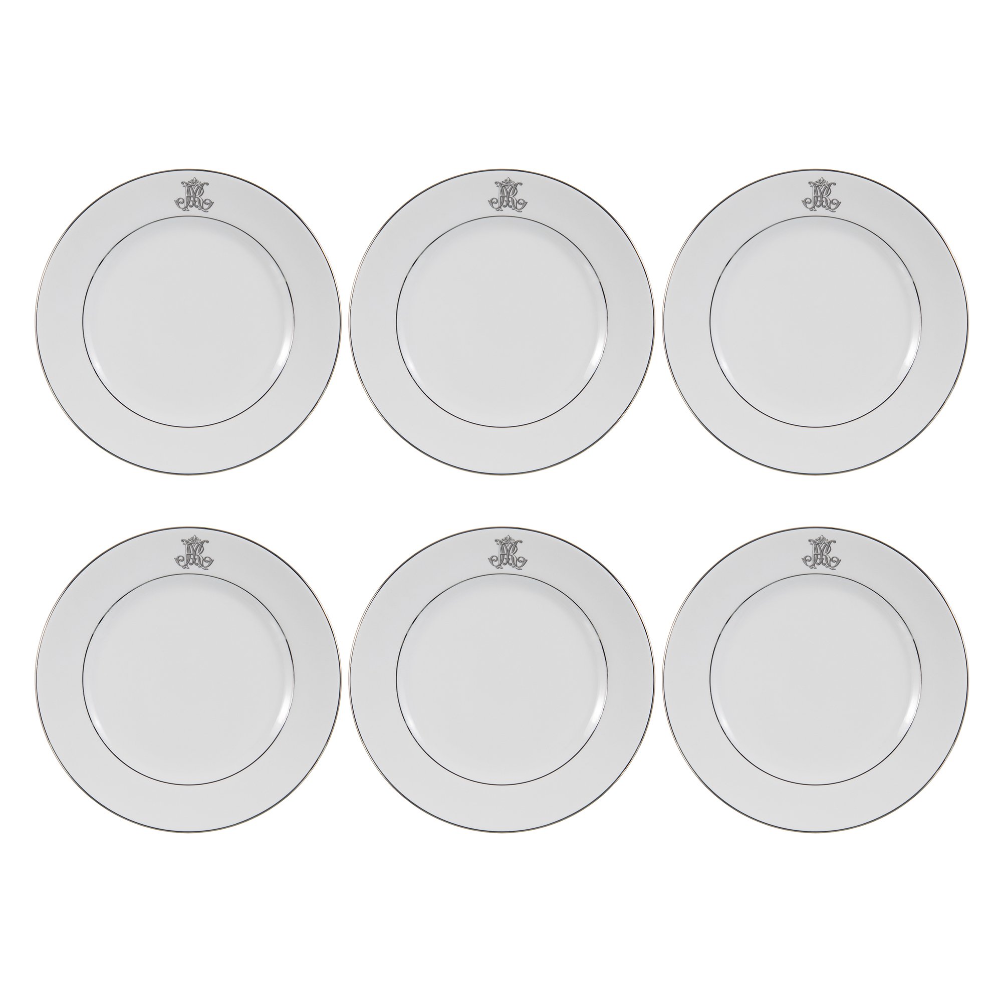jogo de 6 pratos rasos porcelana sottile casa com monograma lunaire