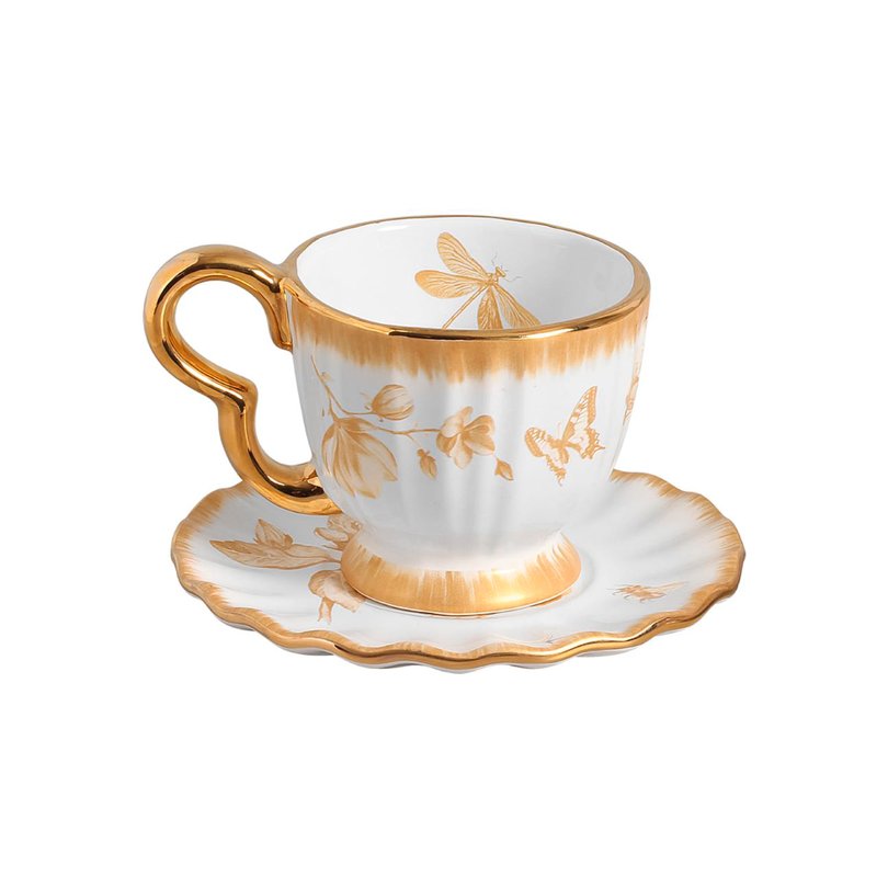 Jogo de 06 Xicaras Cha c Pires Demoiselle CerAmica   Dourado Sottile Casa Still