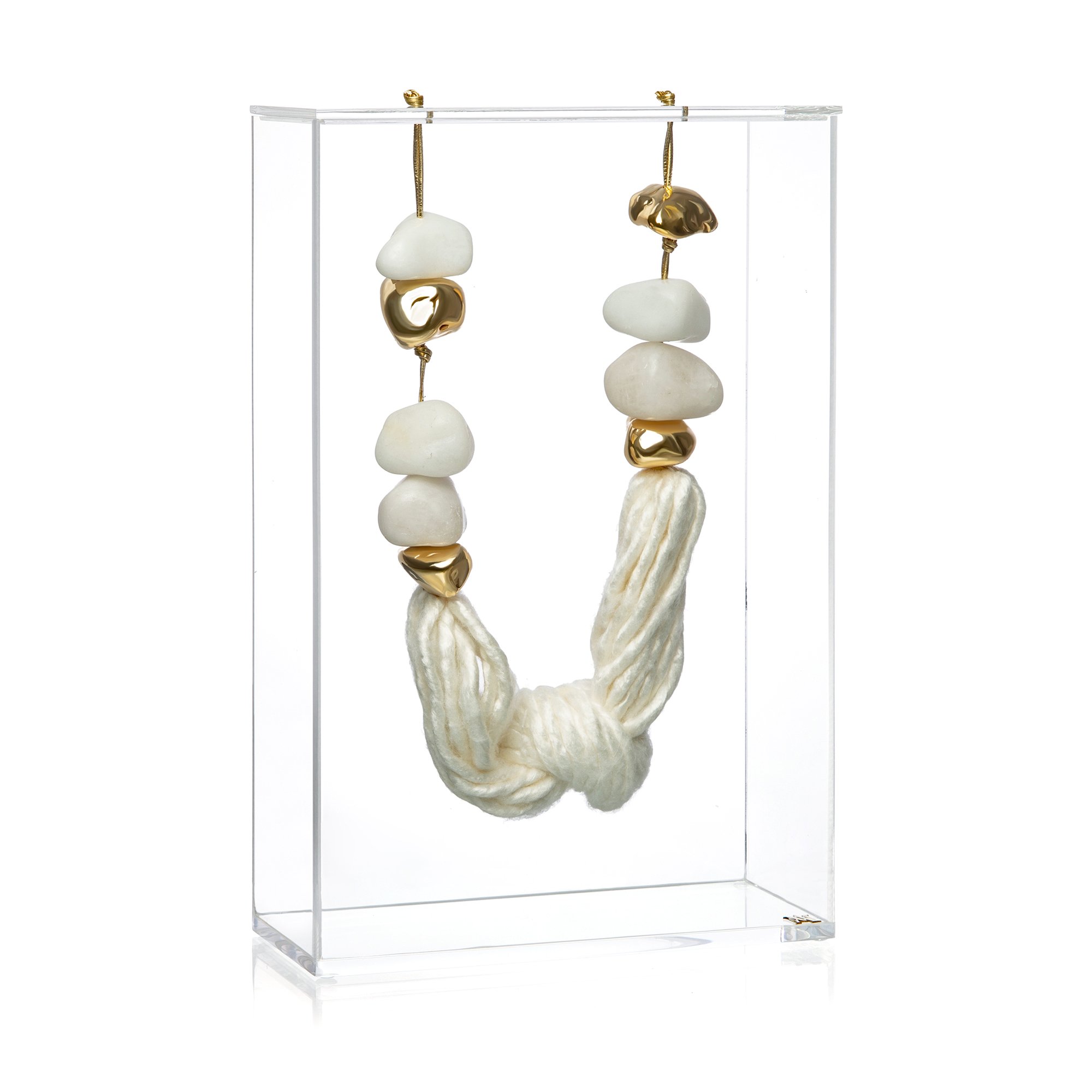 escultura fio seda e pedra quartzo branco dupla com caixa de acrilico gg foto still sottile casa