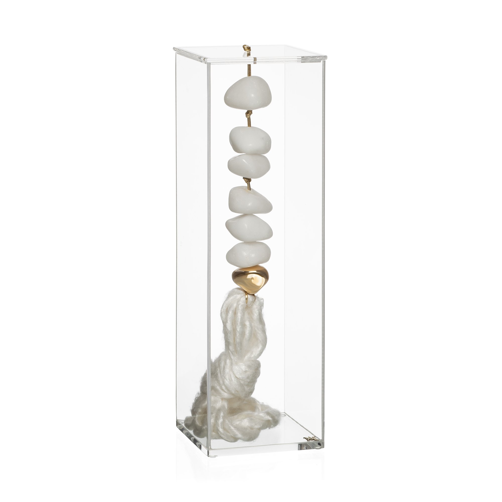 escultura fio seda e pedra quartzo branco com caixa de acrilico g foto still sottile casa
