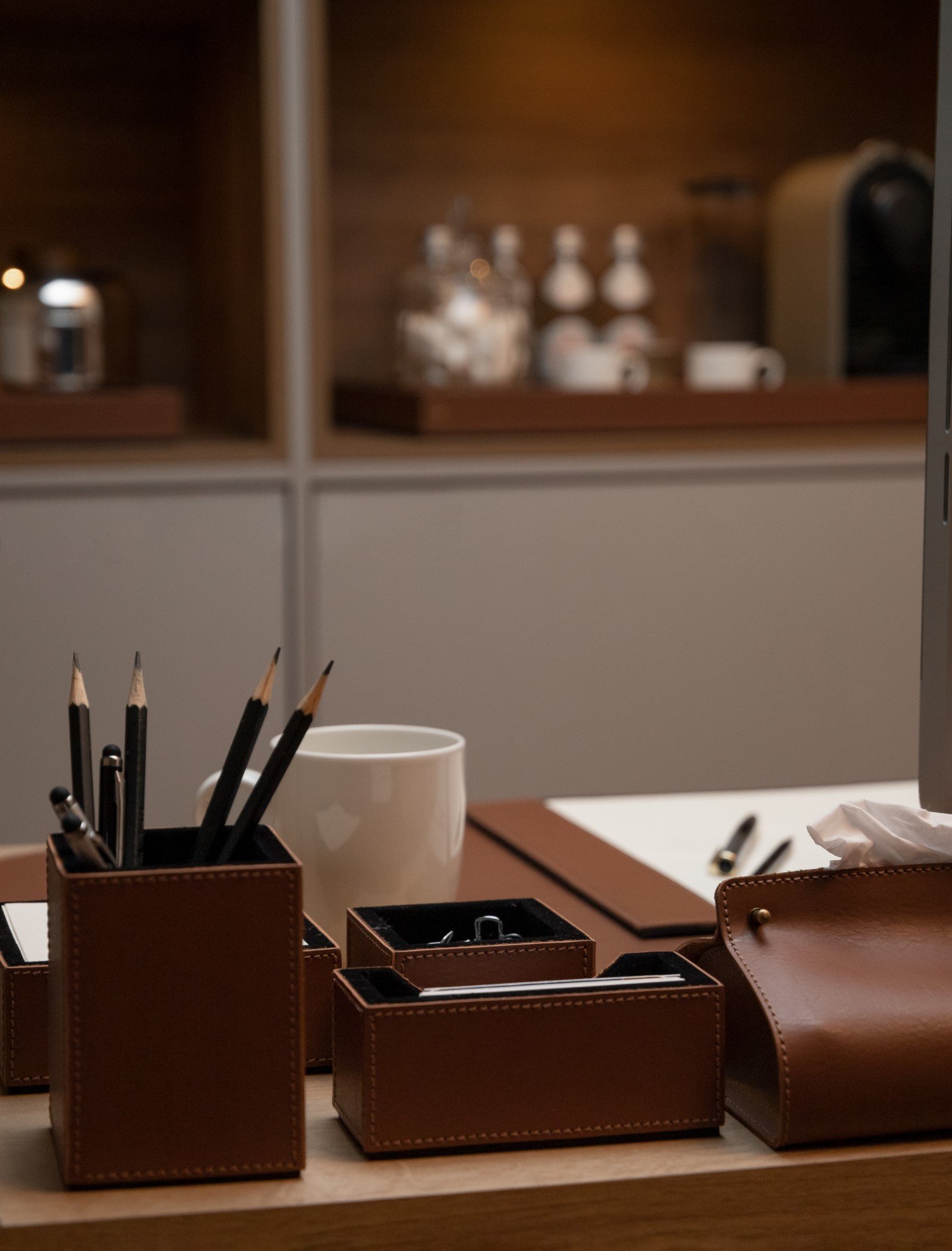 porta caneta lapis sottile casa em couro pu havana