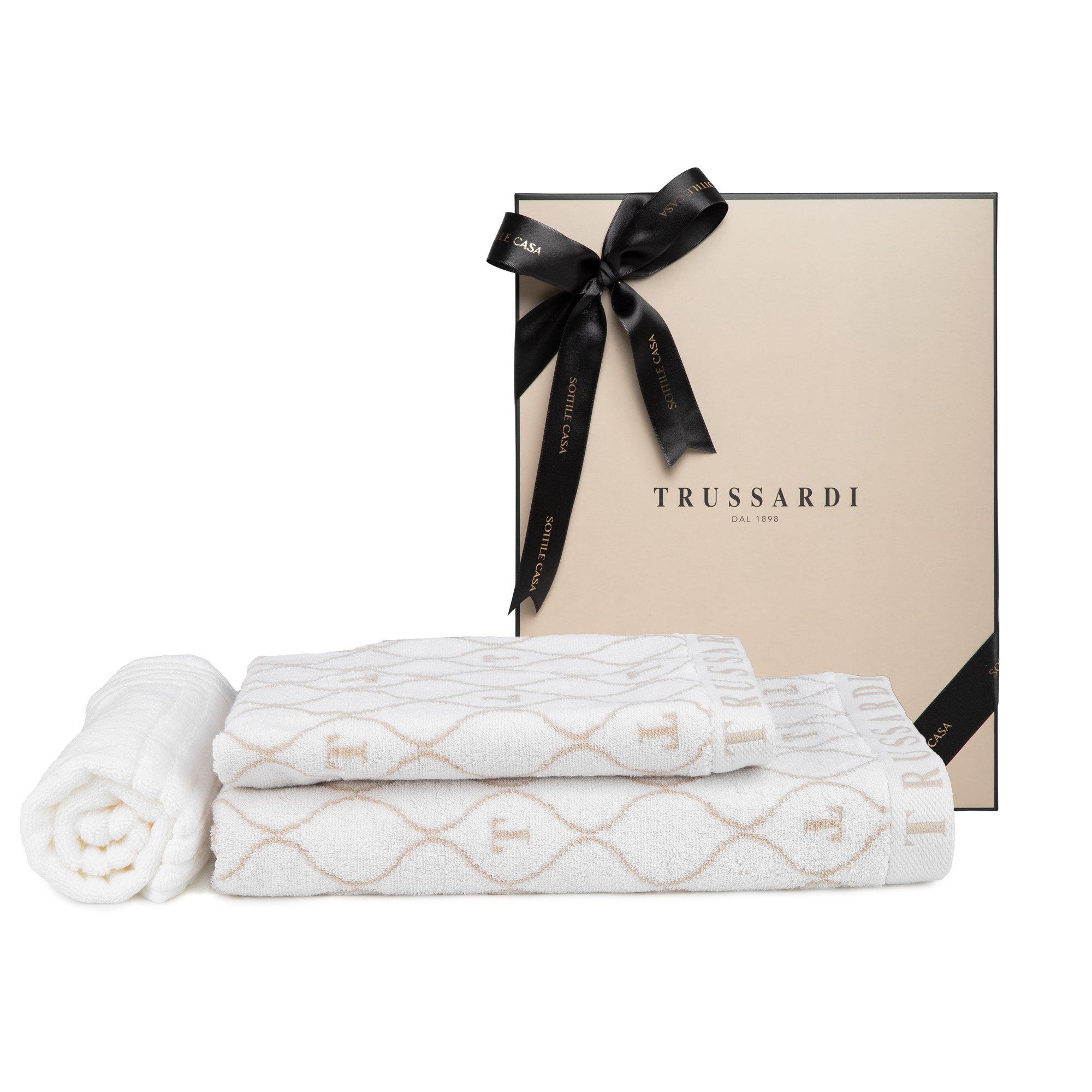 jogo de banho 3 pecas trussardi speciale jacquard com caixa presente branco e bege claro sottile cxesp3 bbc