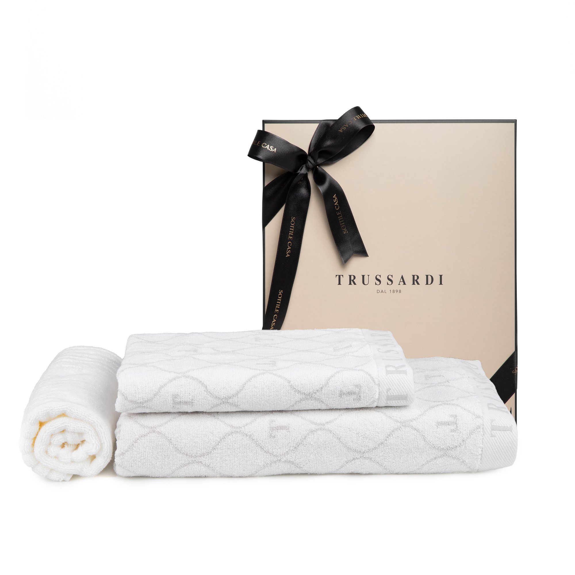 jogo de banho 3 pecas trussardi speciale jacquard com caixa presente branco e cinza claro sottile cxesp3 bcc