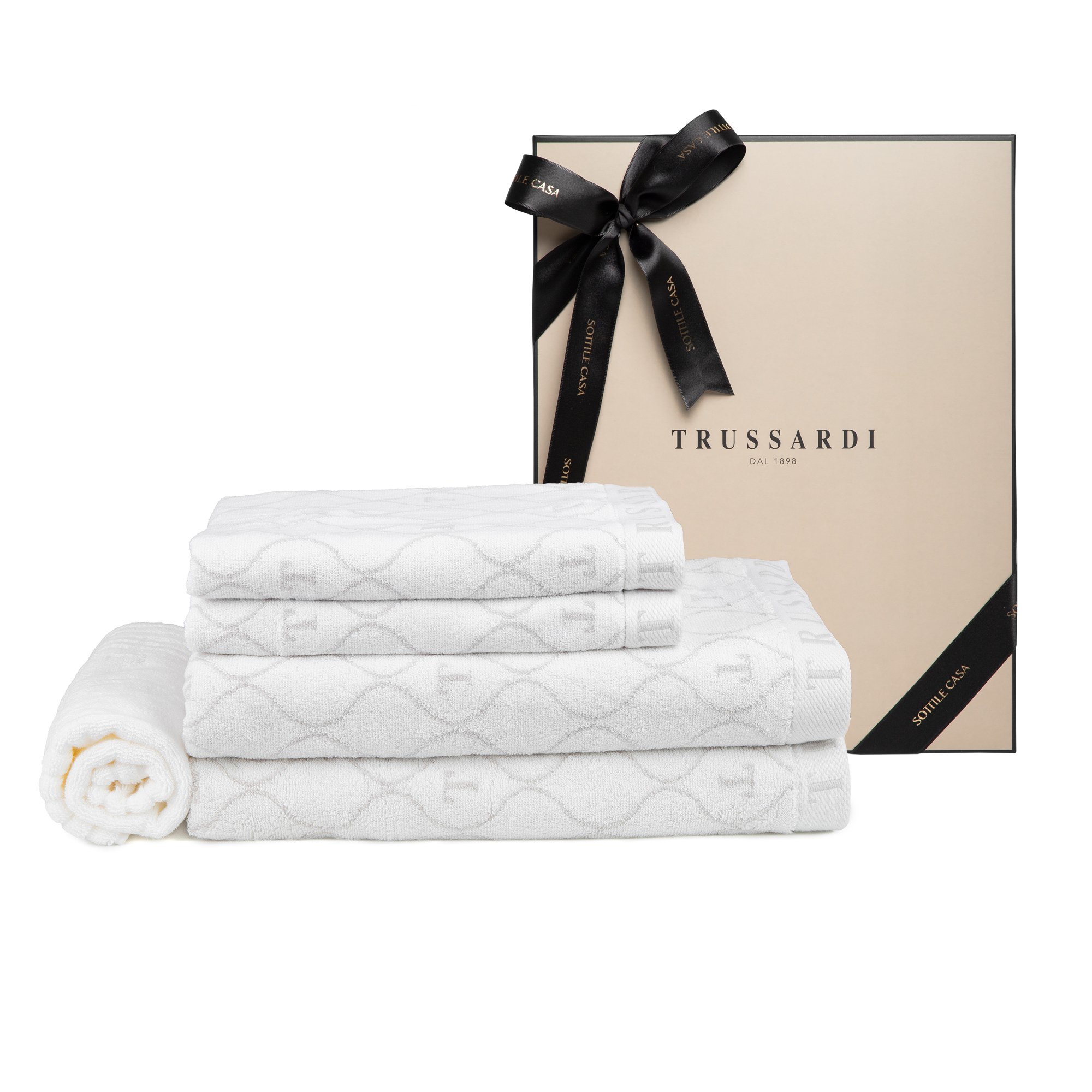 jogo banho 5 pecas trussardi speciale jacquard com caixa presente branco e cinza claro sottile cxesp5 bcc