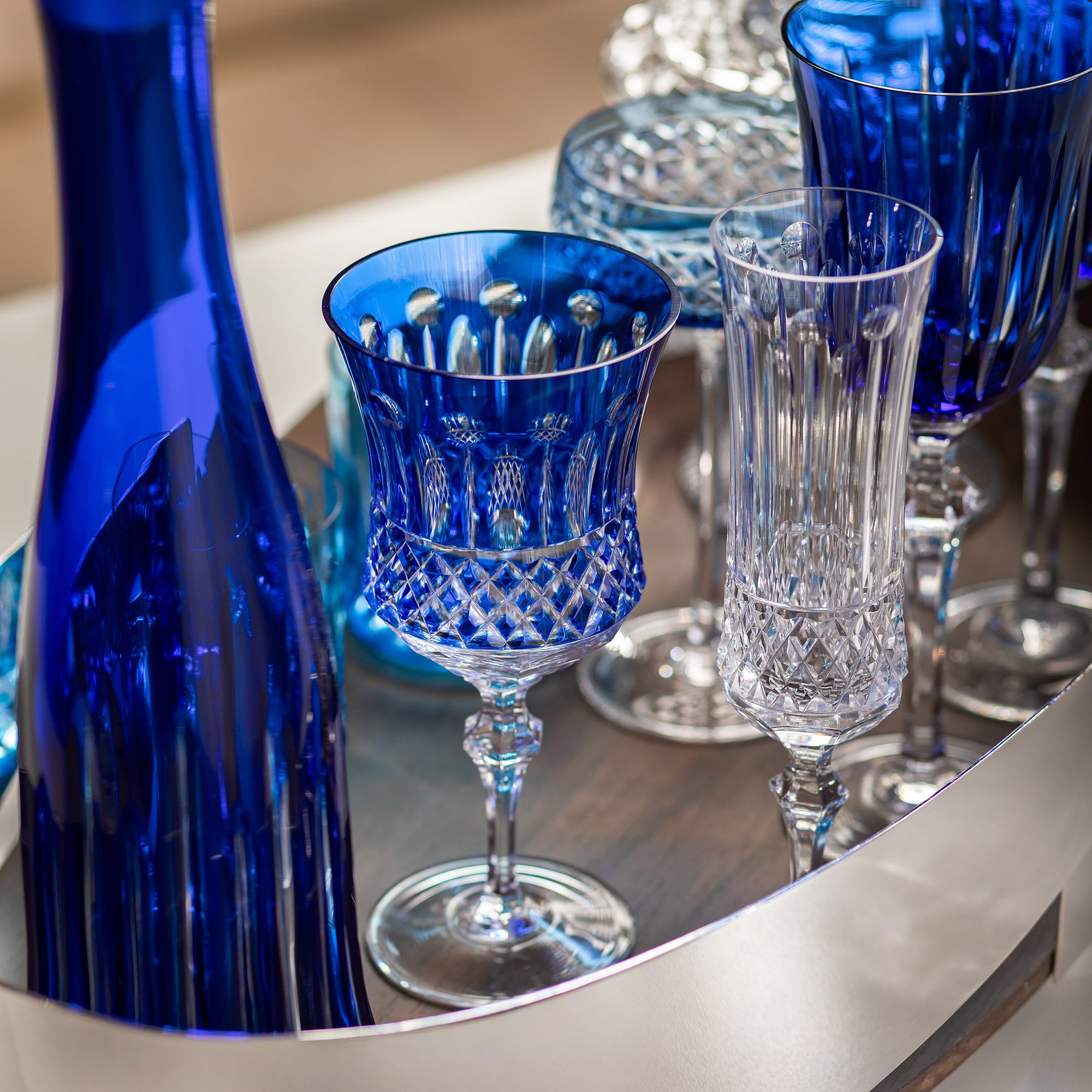 taca de cristal lapidado p vinho tinto azul 69