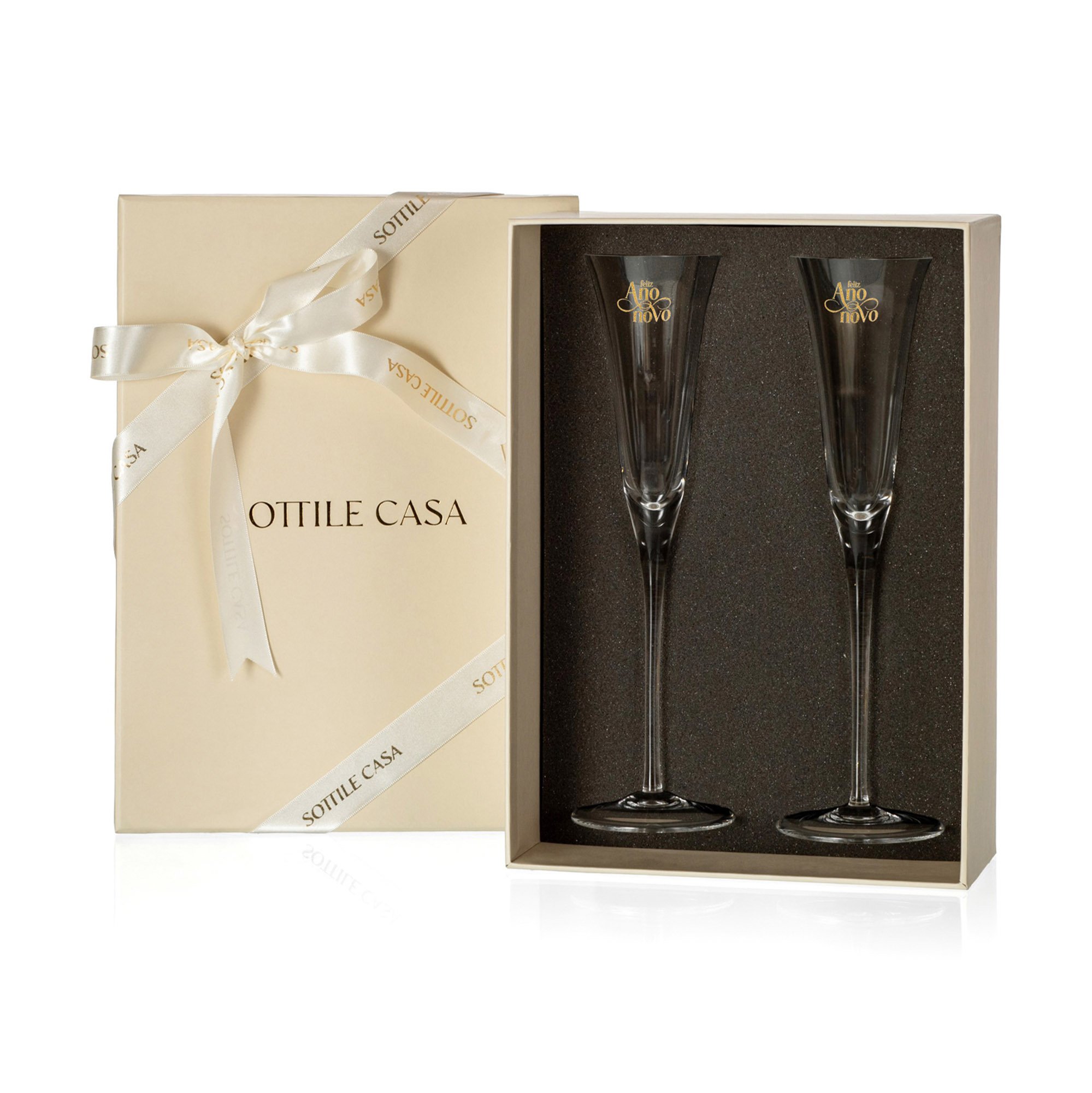 conjunto 02 tacas de cristal p champagne ano novo c caixa de presente
