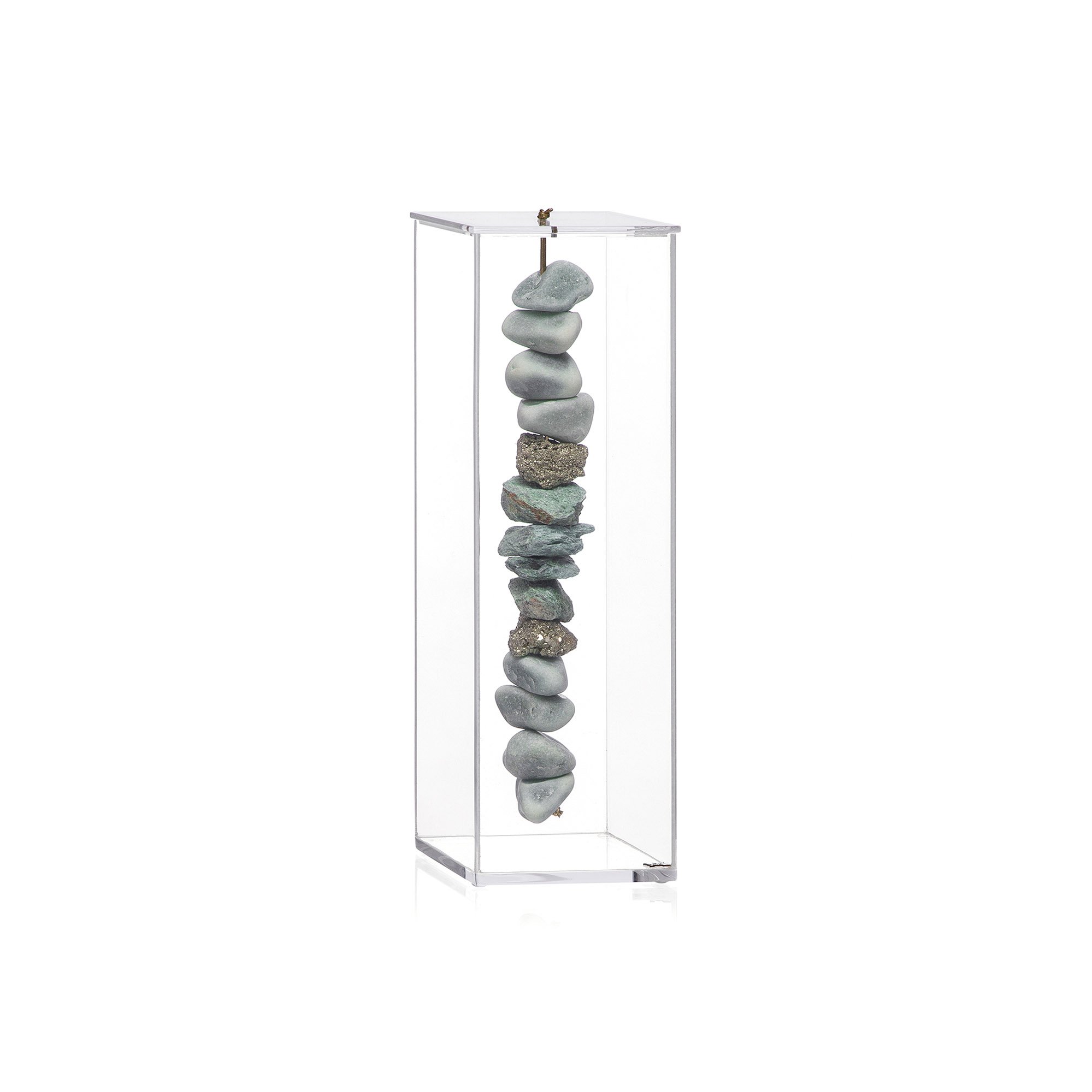 01 escultura pedra fuchsita c caixa de acrilico gg