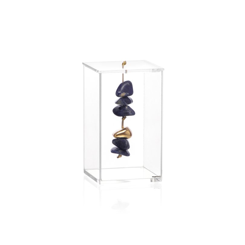 escultura pedra sadalita com caixa de acrilico m