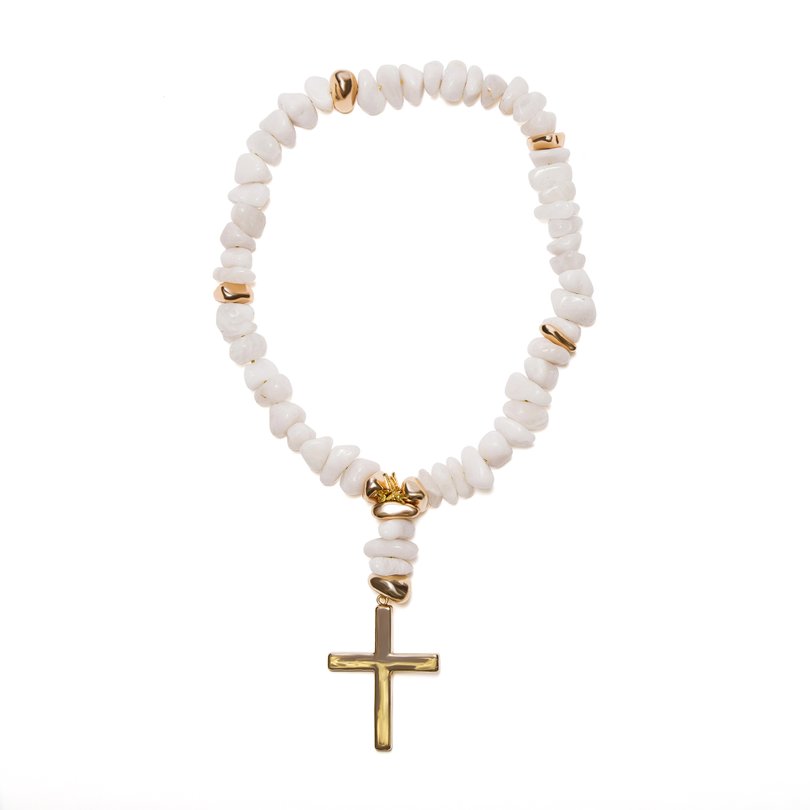 Colar de Mesa Crucifixo Pedra Quartzo Branco M1