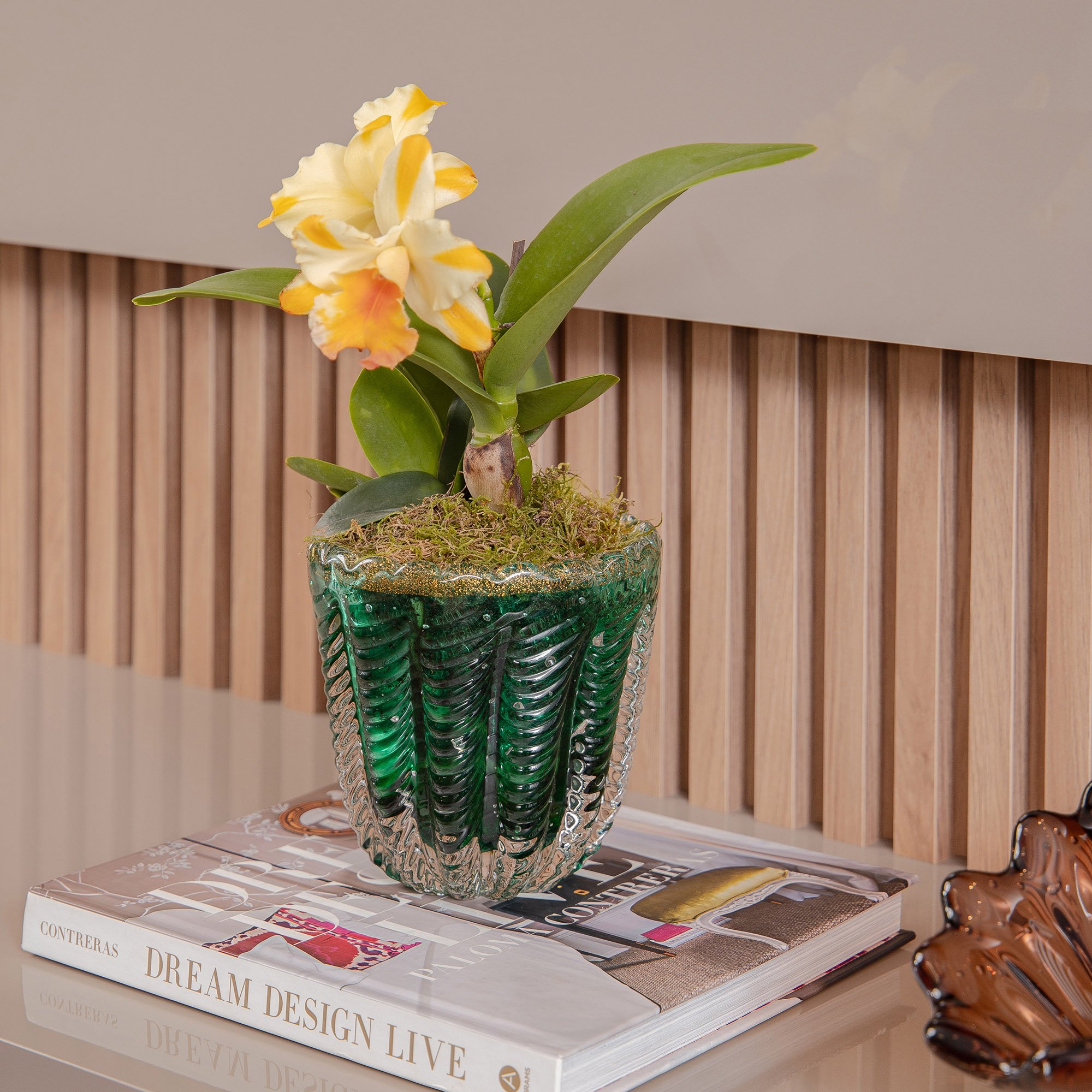 vaso murano dubai iv p detalhe ouro verde folha