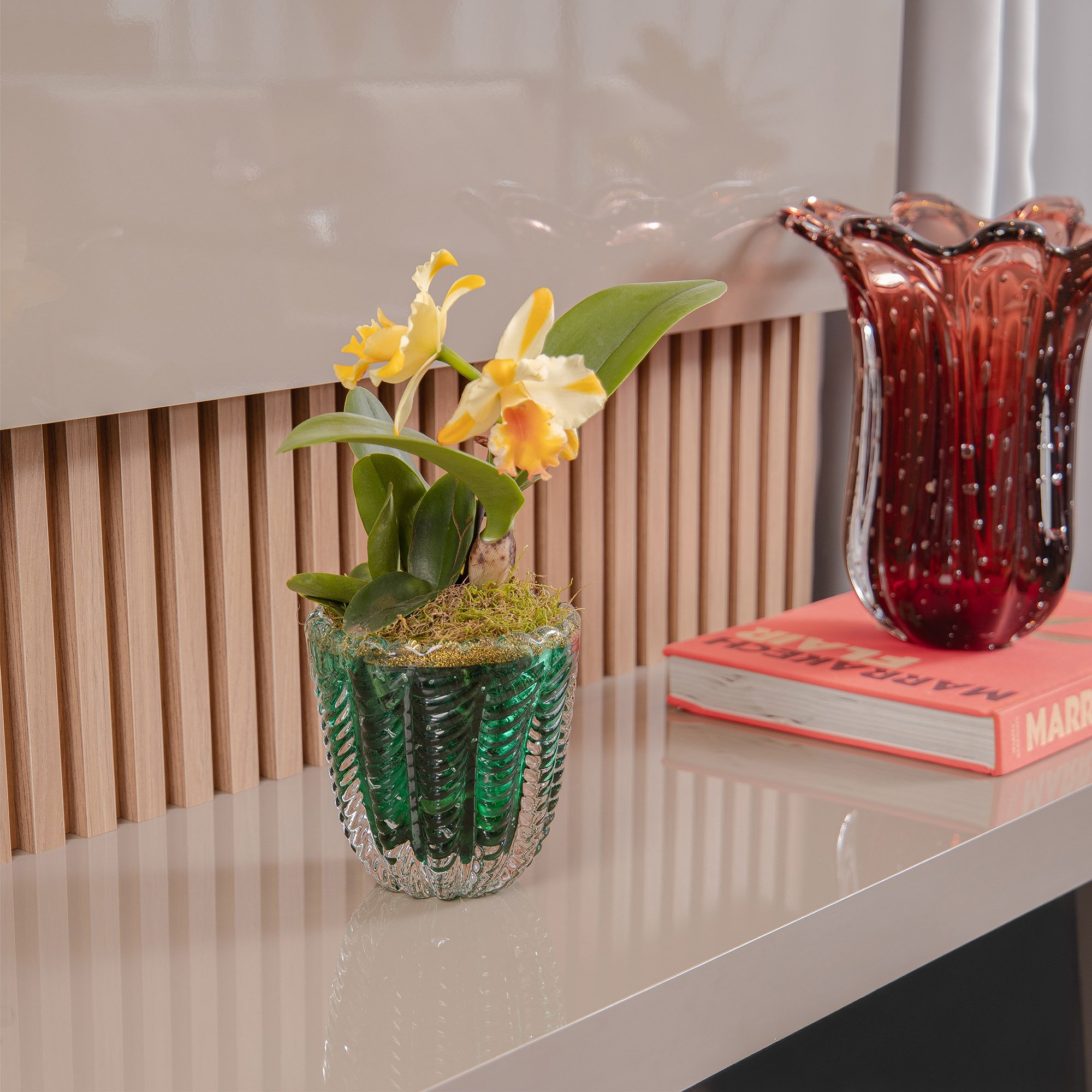 vaso murano dubai iv p detalhe ouro verde folha 2