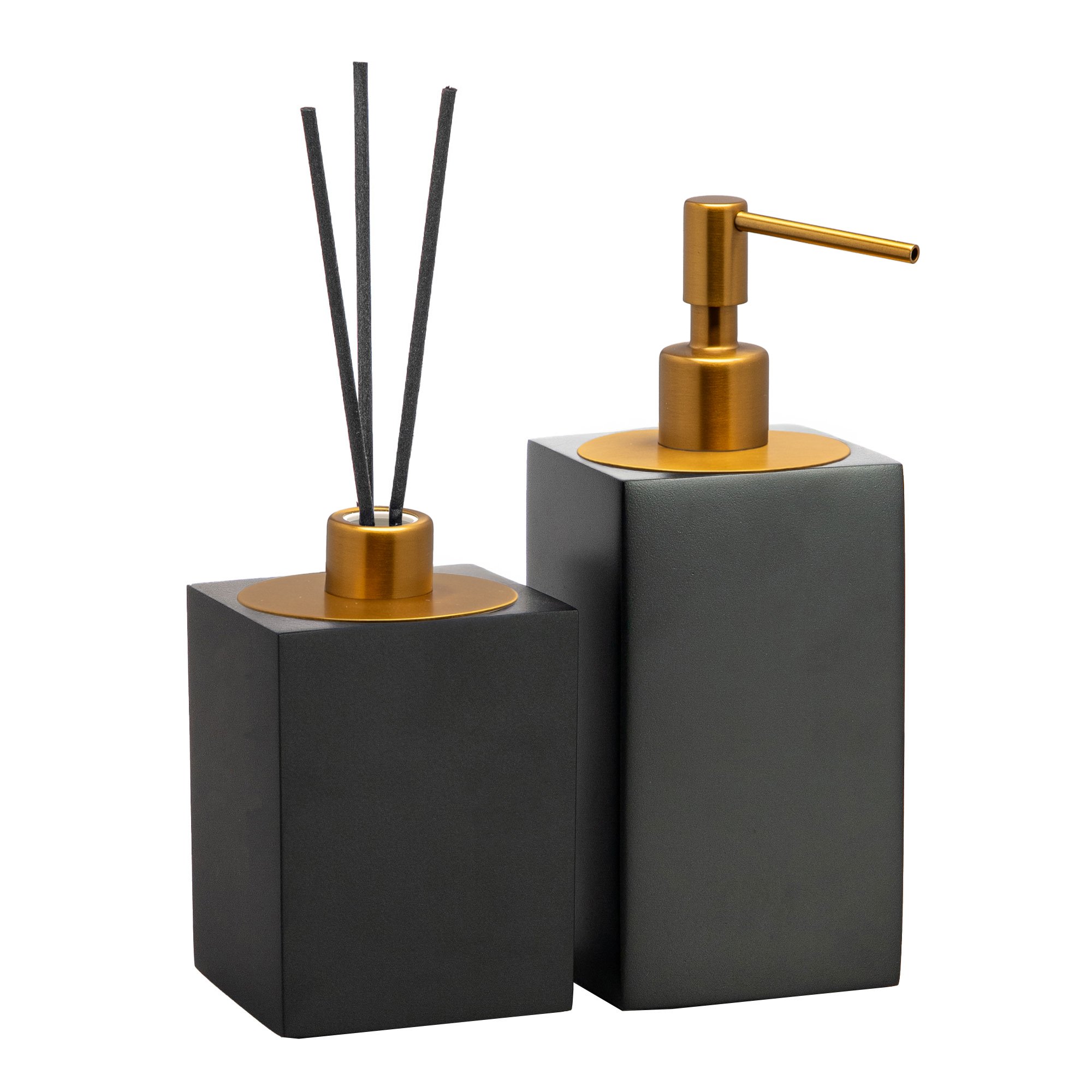 conjunto banheiro duo quadrado resina preto fosco ouro escovado still sottile casa