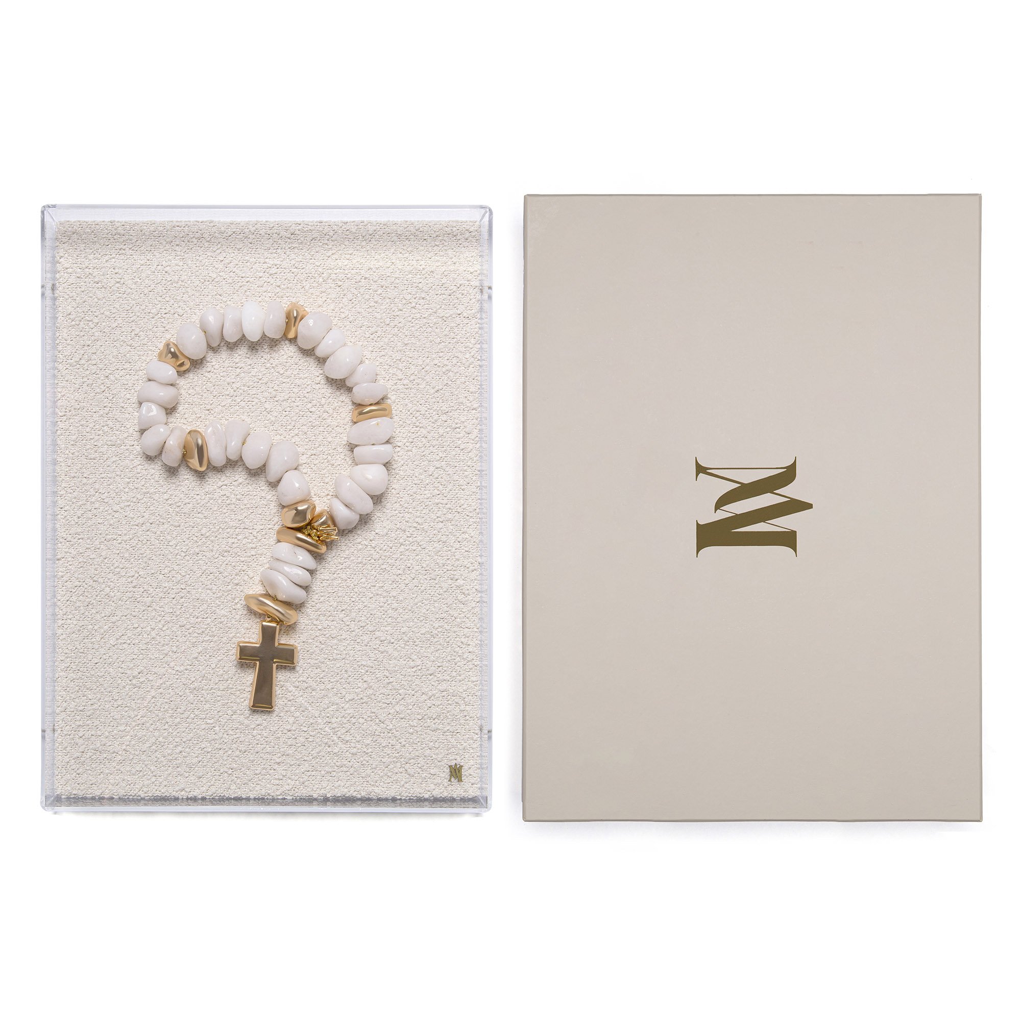 quadro colar boucle pedra quartzo branco crucifixo g caixa