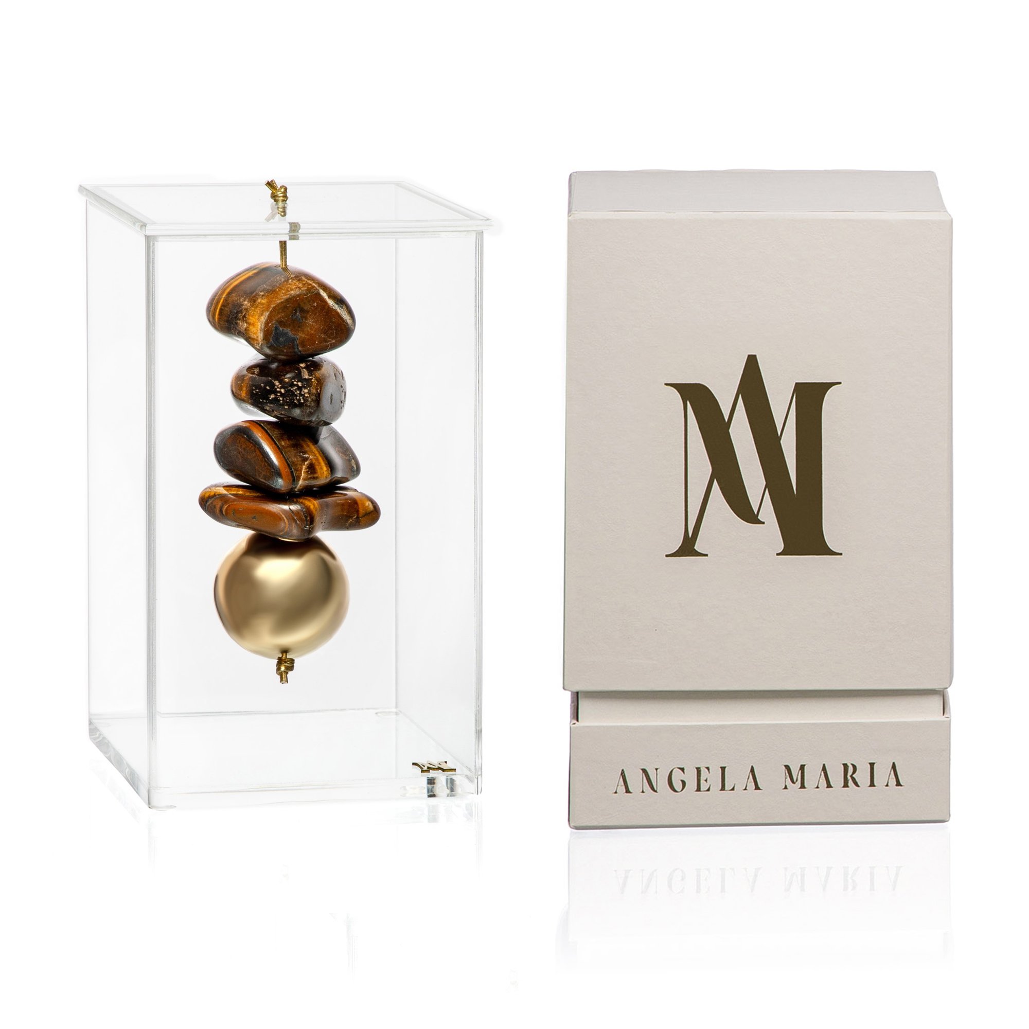 escultura pedra olho de tigre com caixa de acrilico m foto still sottile