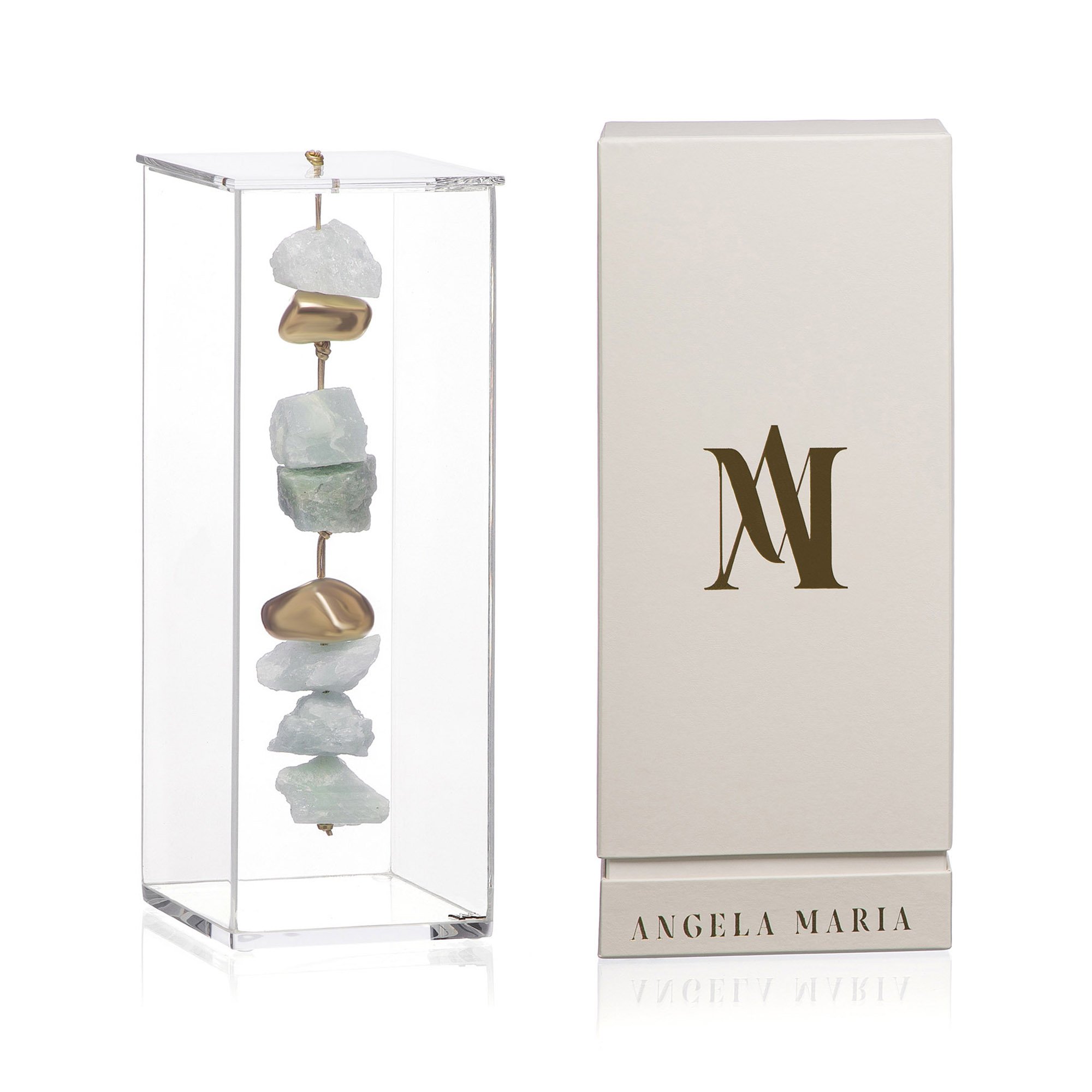 escultura pedra agua marinha com caixa de acrilico g