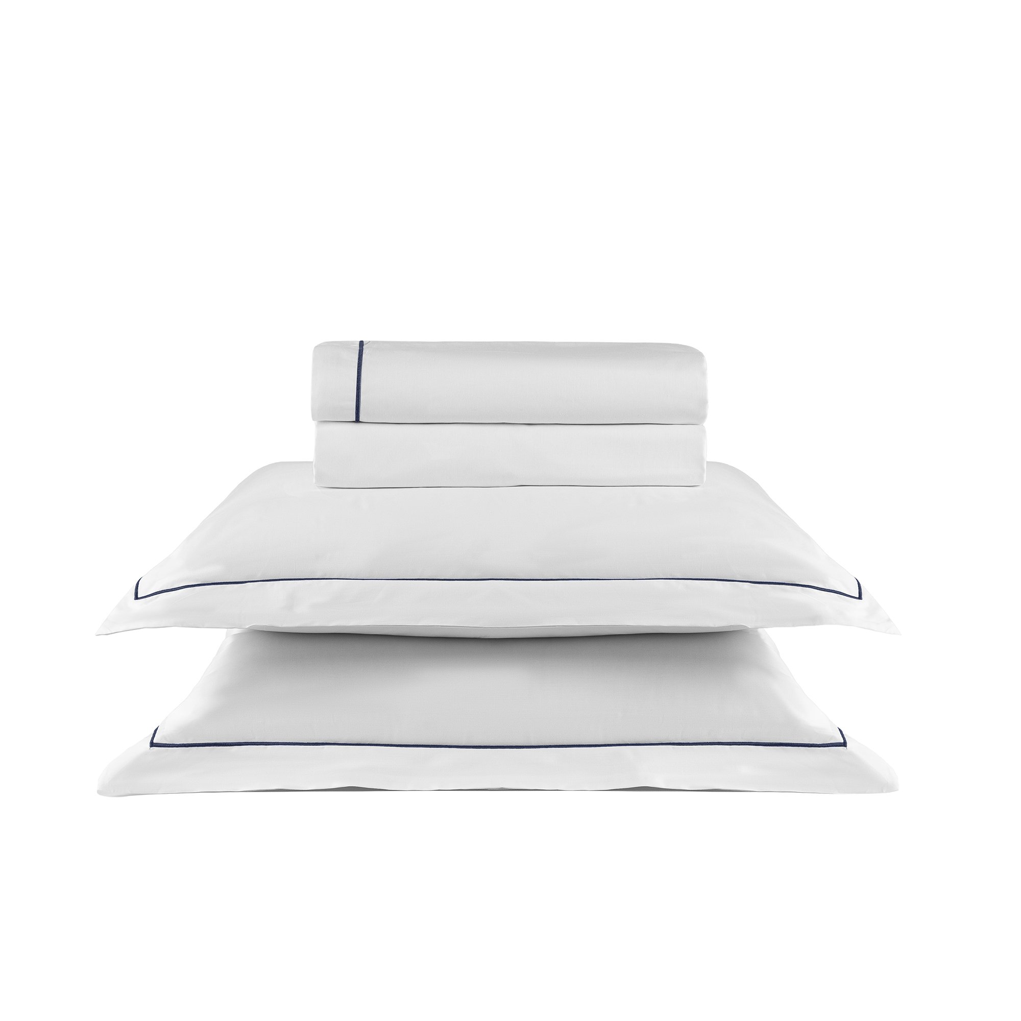 jogo de cama festone classico 200 fios branco e marinho